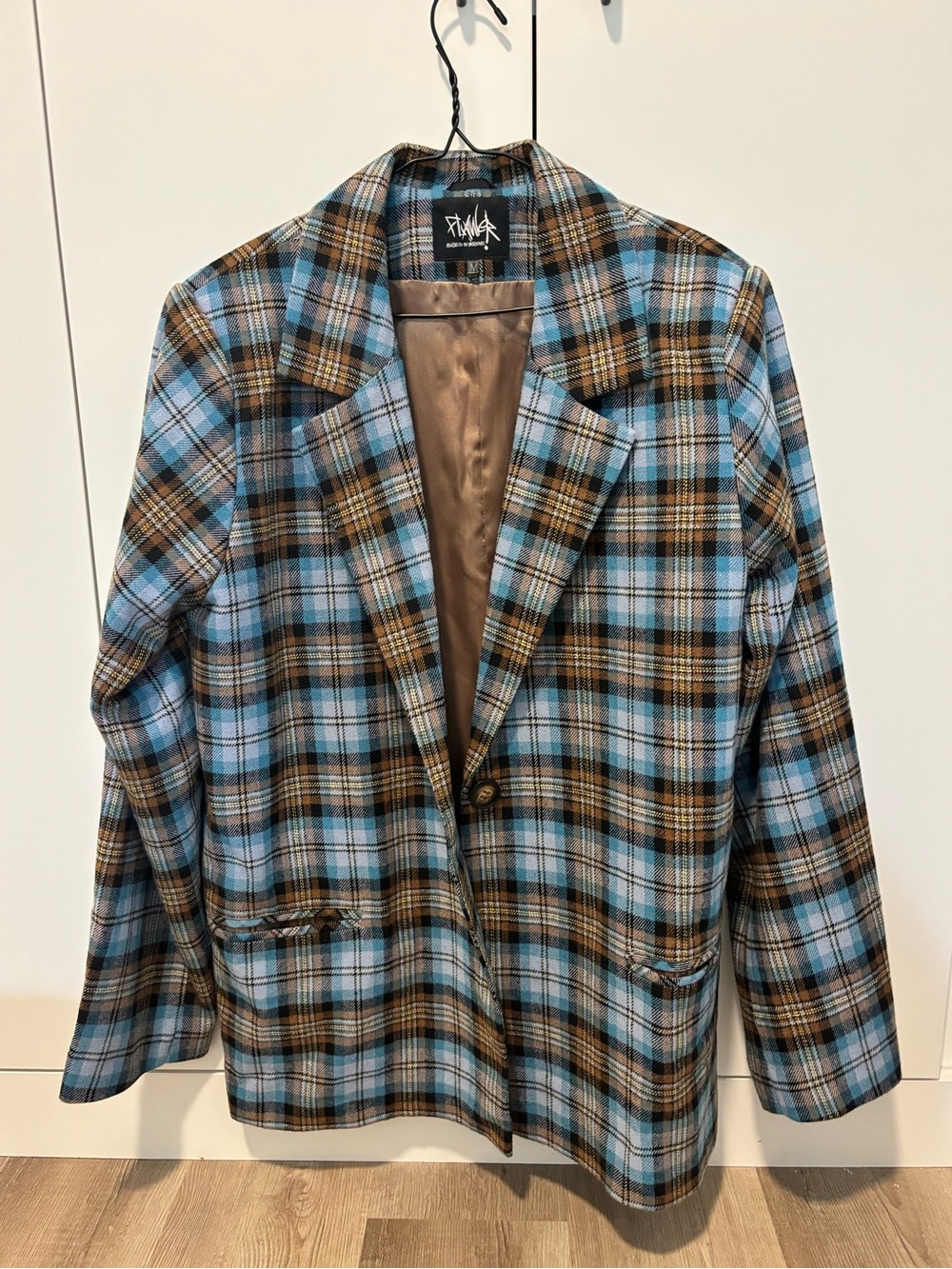 Plaid Blue and Brown Single-Button Blazer